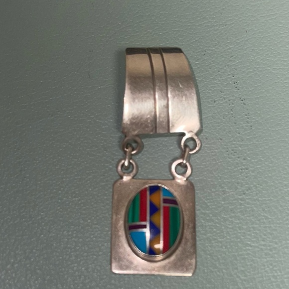 MANYGOATS Signed Native American Turquoise Inlay Necklace Pendant - Picture 4 of 10